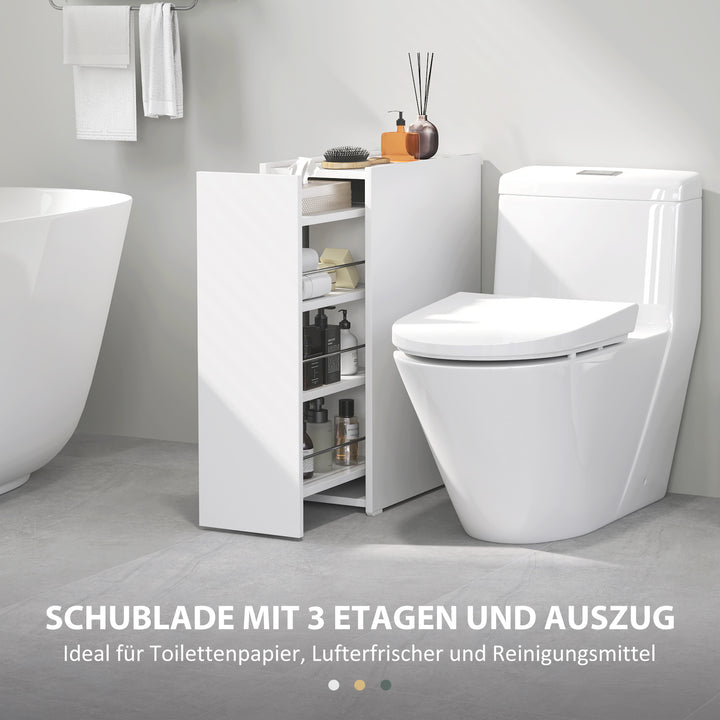 Slim badeværelsesskab, gulvskab med dyb skuffe, fritstående badeværelsesskab, spånplade, hvid