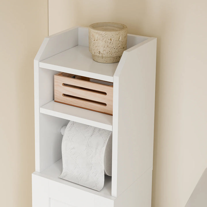 Smalt badeværelsesskab med toiletpapirholder – perfekt til små badeværelser