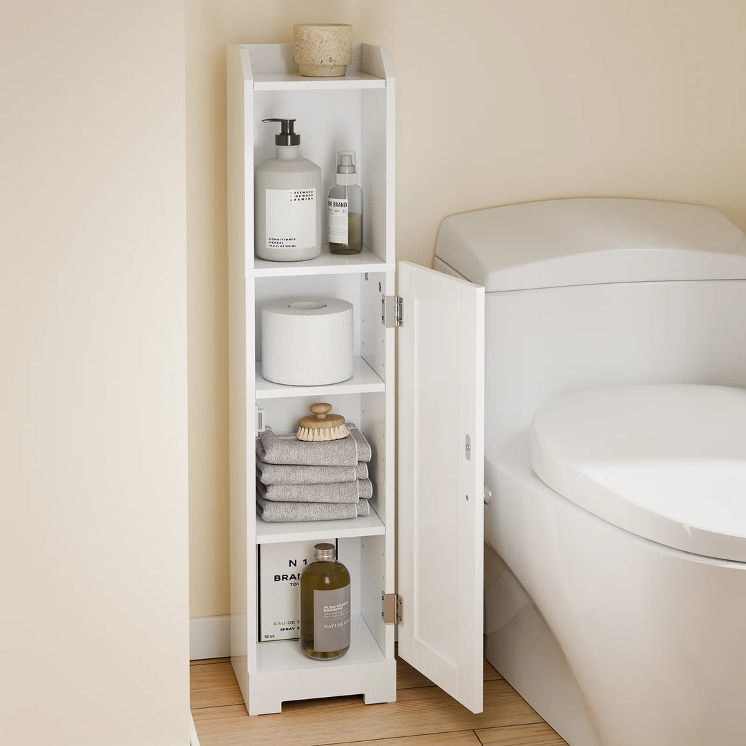 Smalt badeværelsesskab med toiletpapirholder – perfekt til små badeværelser
