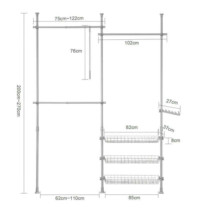 Teleskopisk garderobesystem, Bredde: 75~122 cm+ 102 cm, Højde: 200-270 cm