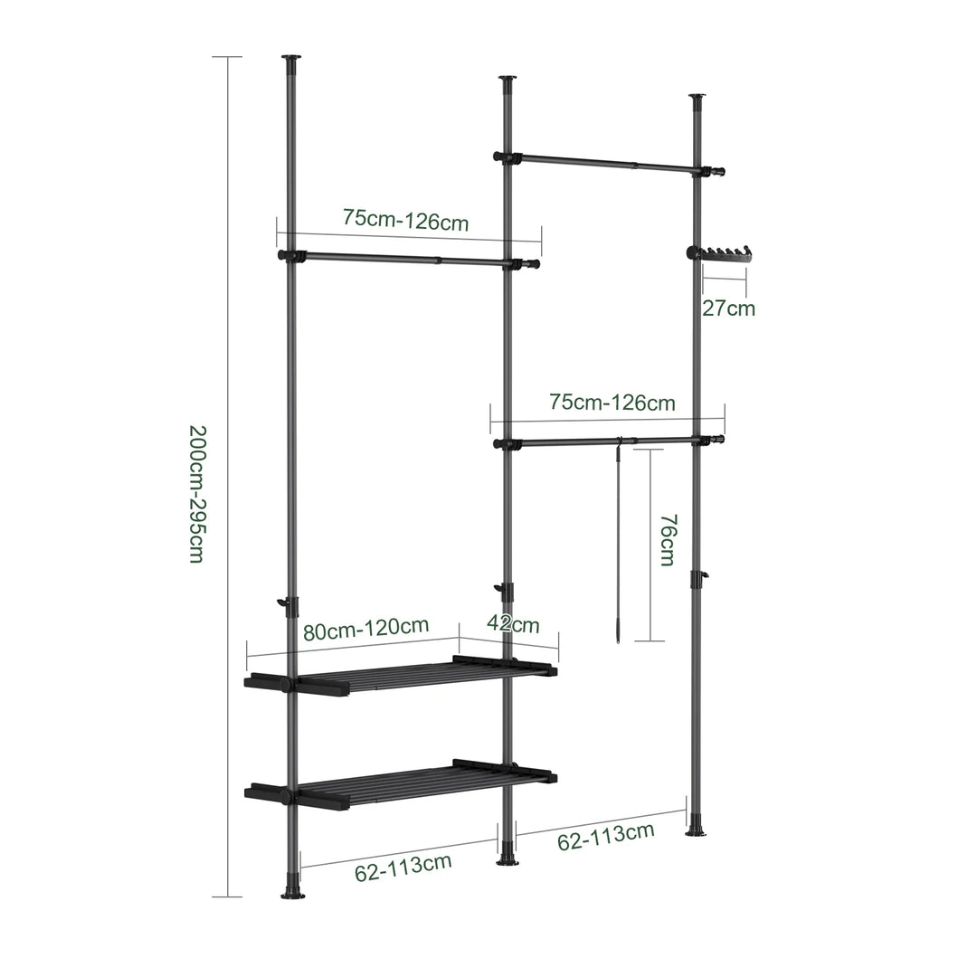 Stabil og justerbar teleskopisk garderobe i sort – åben tøjstang med hylder og kroge til soveværelse eller walk-in-closet