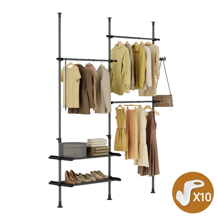 Stabil og justerbar teleskopisk garderobe i sort – åben tøjstang med hylder og kroge til soveværelse eller walk-in-closet