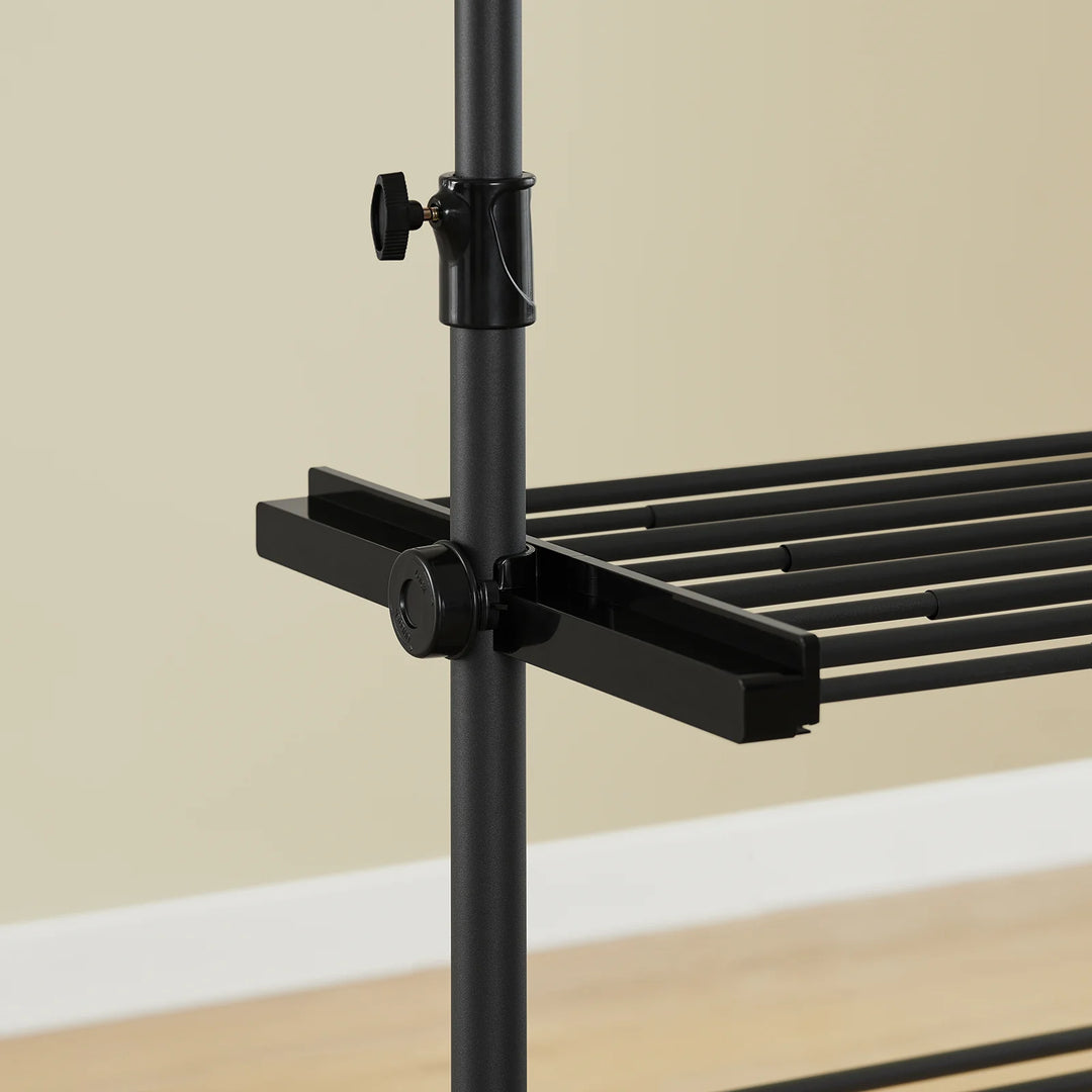 Stabil og justerbar teleskopisk garderobe i sort – åben tøjstang med hylder og kroge til soveværelse eller walk-in-closet