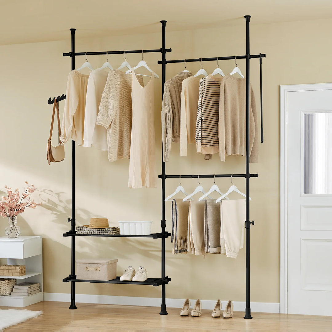 Stabil og justerbar teleskopisk garderobe i sort – åben tøjstang med hylder og kroge til soveværelse eller walk-in-closet