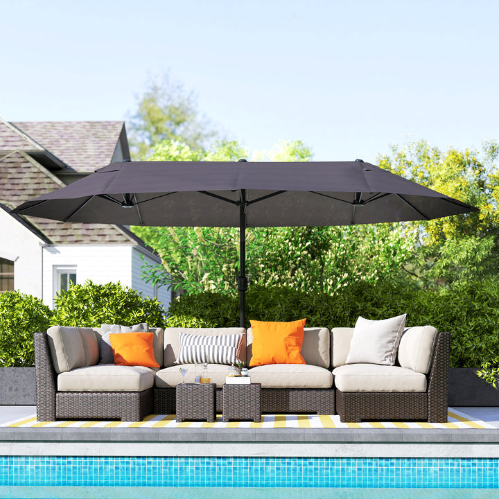 Dobbelt parasol 455 x 265 cm, UV-beskyttende parasol med håndsving, vindtæt balkonparasol, håndsvingparasol, solskærm til balkon og have, grå