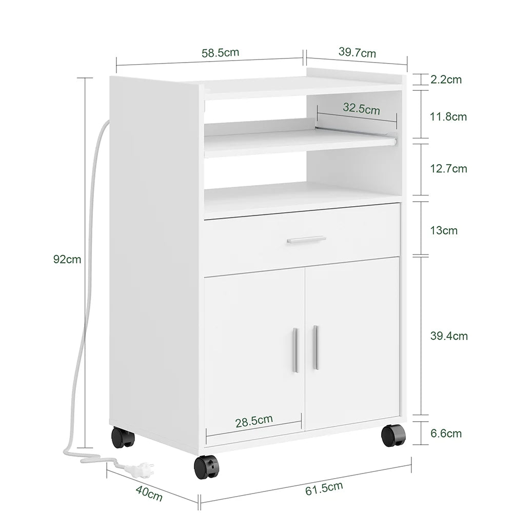 Køkkenvogn med 4-i-1 ladestation – med hjul eller ben, 1 skuffe, 2 låger og justerbar hylde, hvid, 61,5 × 40 × 92 cm