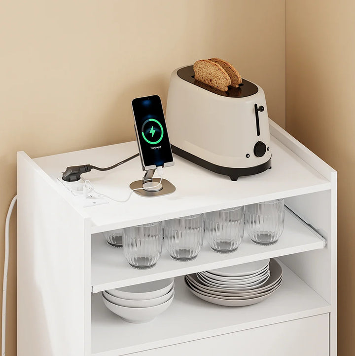 Køkkenvogn med 4-i-1 ladestation – med hjul eller ben, 1 skuffe, 2 låger og justerbar hylde, hvid, 61,5 × 40 × 92 cm