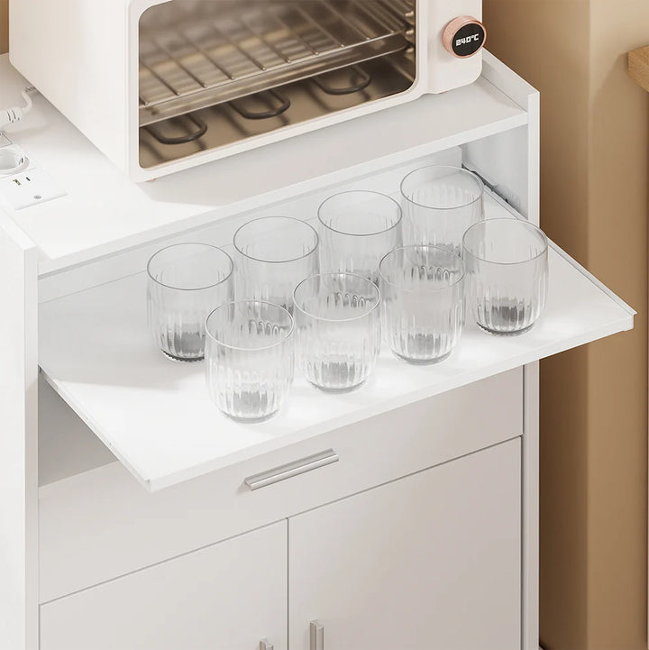 Køkkenvogn med 4-i-1 ladestation – med hjul eller ben, 1 skuffe, 2 låger og justerbar hylde, hvid, 61,5 × 40 × 92 cm