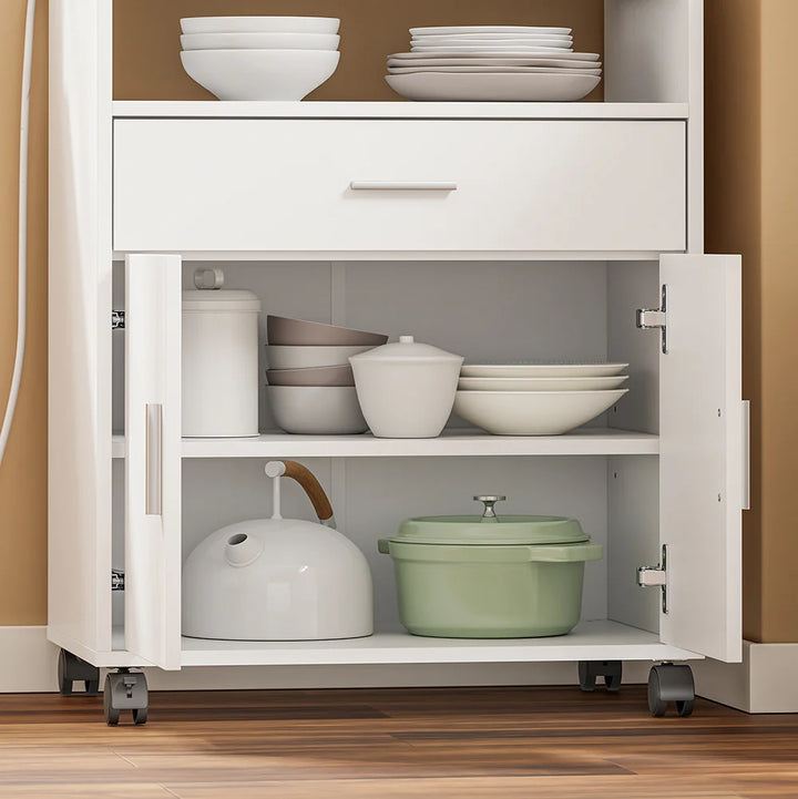 Køkkenvogn med 4-i-1 ladestation – med hjul eller ben, 1 skuffe, 2 låger og justerbar hylde, hvid, 61,5 × 40 × 92 cm
