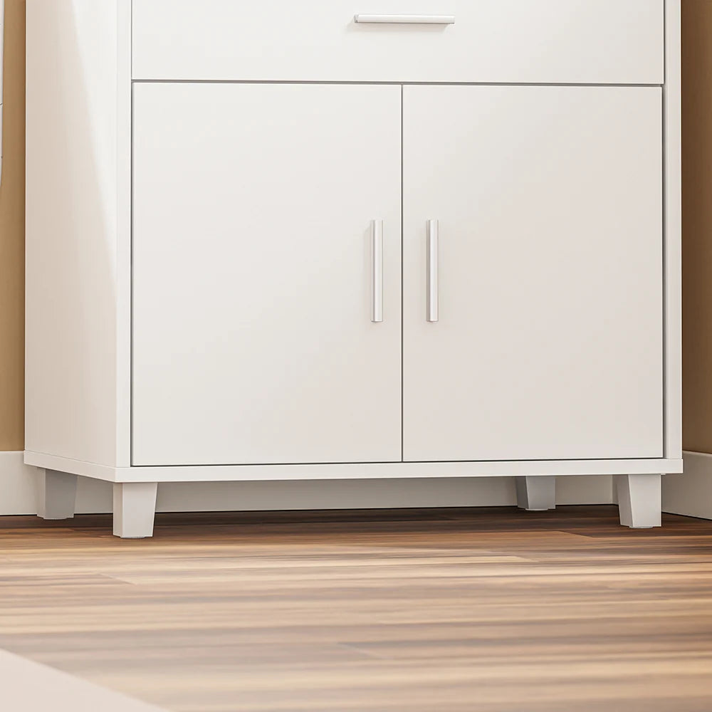 Køkkenvogn med 4-i-1 ladestation – med hjul eller ben, 1 skuffe, 2 låger og justerbar hylde, hvid, 61,5 × 40 × 92 cm