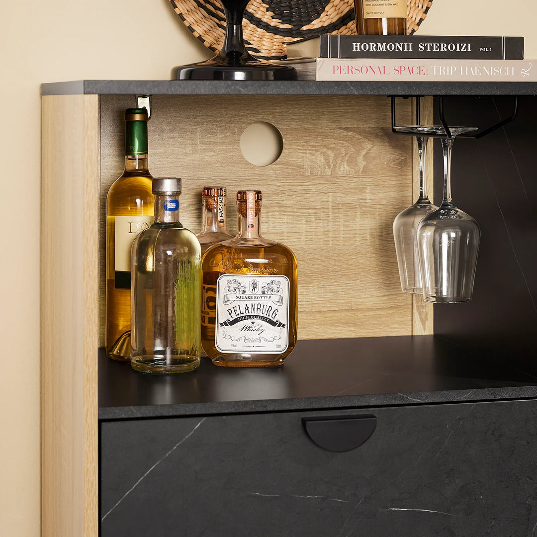 Kompakt køkkenhelt: buffetskab med mikrobølgeovnsfag og moderne jalousidør (eg/sort), 107×40×85 cm