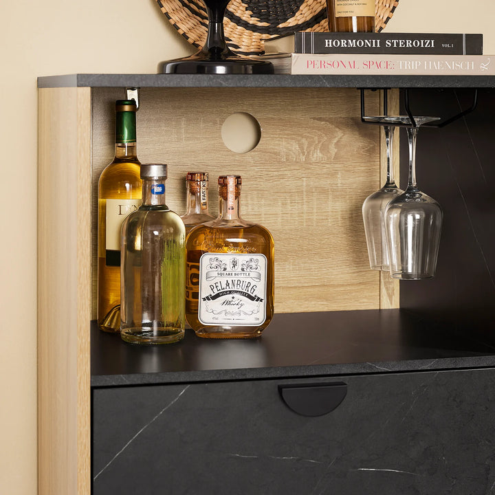 Kompakt køkkenhelt: buffetskab med mikrobølgeovnsfag og moderne jalousidør (eg/sort), 107×40×85 cm