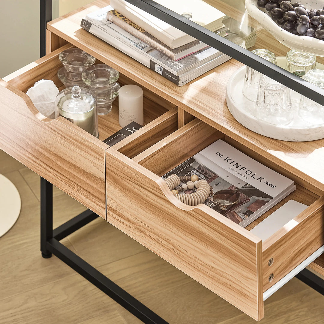 Elegant konsolbord med opbevaringsplads, B81 x D35 x H78 cm, naturfarvet med sorte ben og glasbordplade