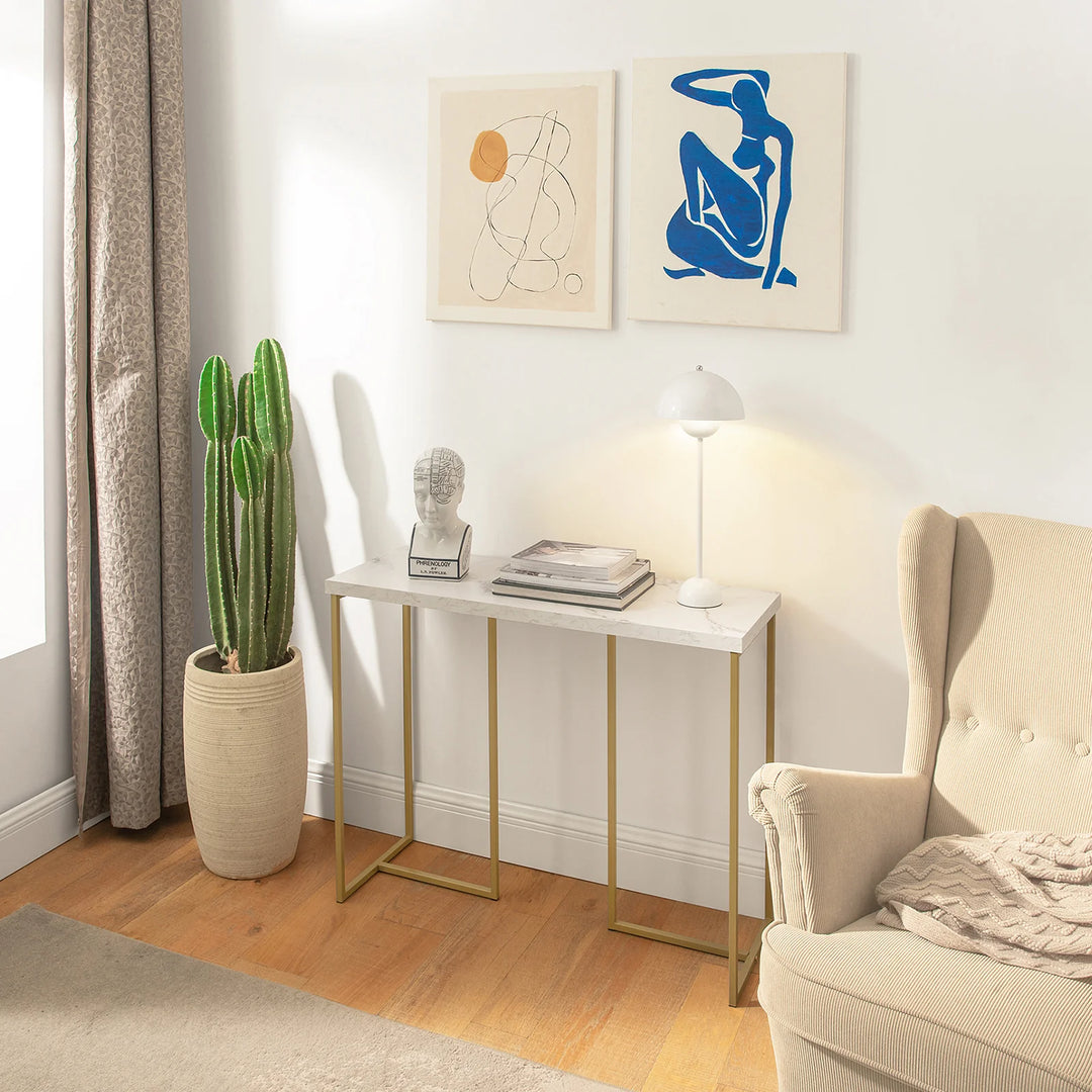 Elegant konsolbord, B100 x D36 x H75 cm, gråtonet bordplade med guldfarvede ben