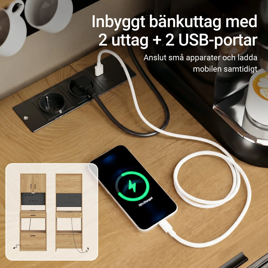 Højt køkkenskab med strømudtag, belysning og praktisk opbevaring
