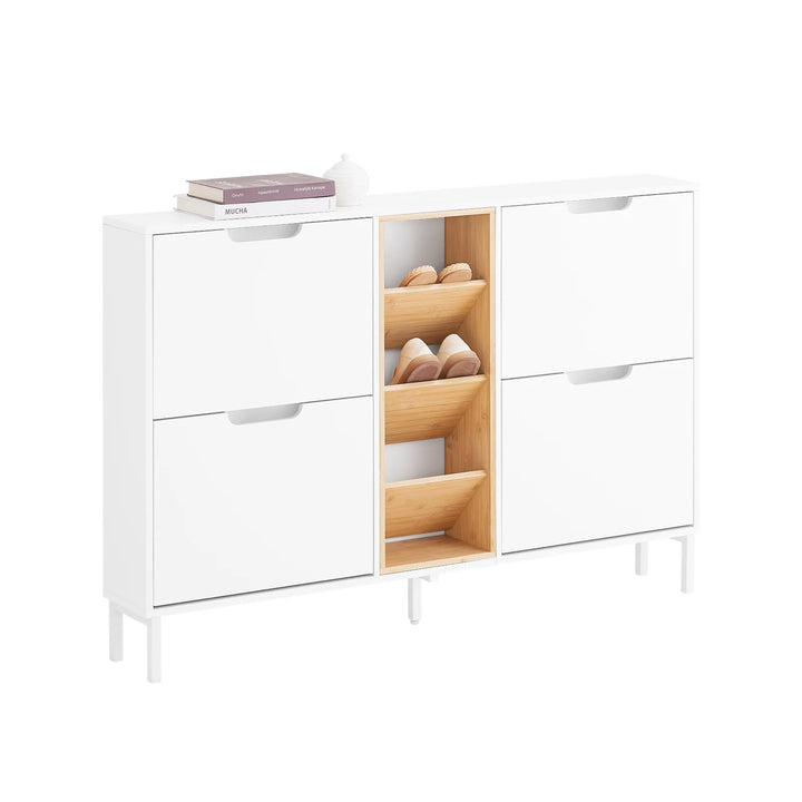 Skoskab med 4 døre og 3 åbne rum, L126 x B19 x H85 cm, hvid