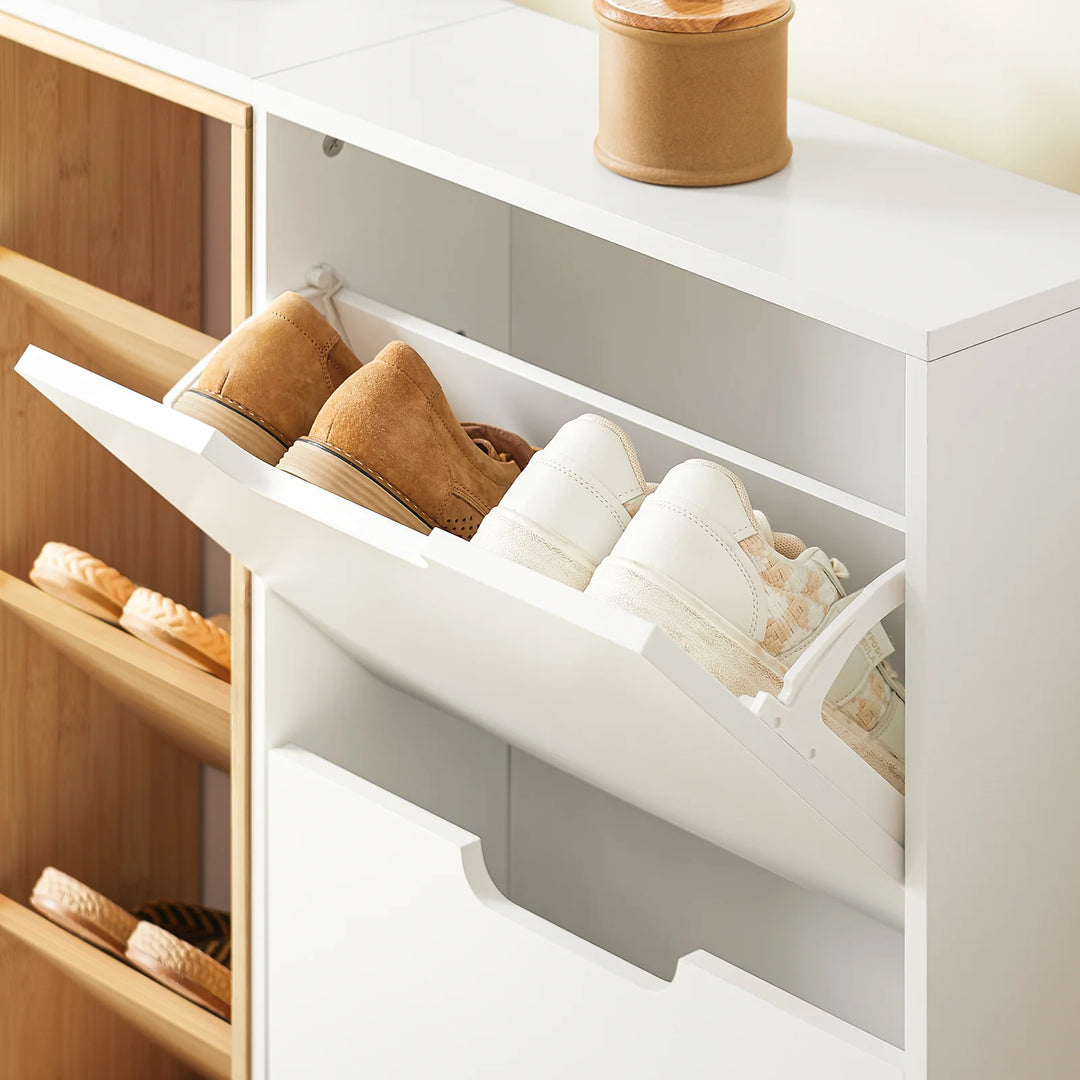 Skoskab med 4 døre og 3 åbne rum, L126 x B19 x H85 cm, hvid