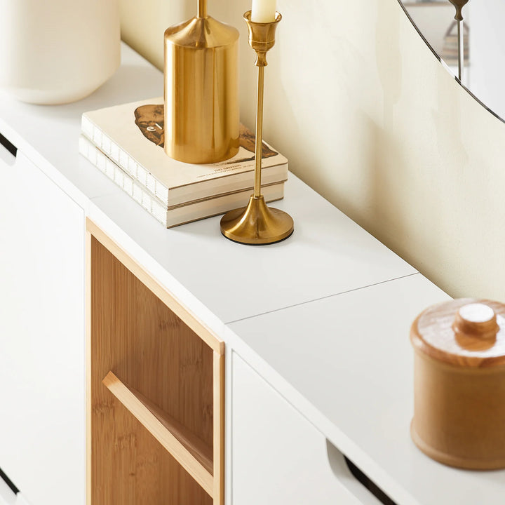 Skoskab med 4 døre og 3 åbne rum, L126 x B19 x H85 cm, hvid