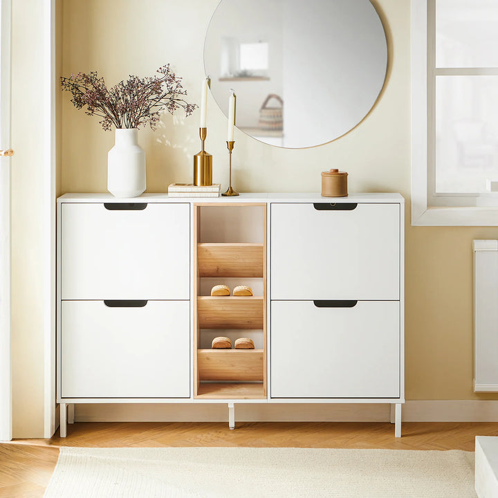 Skoskab med 4 døre og 3 åbne rum, L126 x B19 x H85 cm, hvid