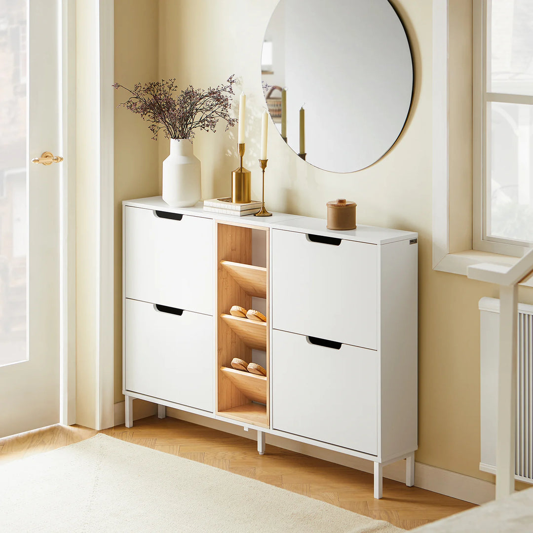 Skoskab med 4 døre og 3 åbne rum, L126 x B19 x H85 cm, hvid