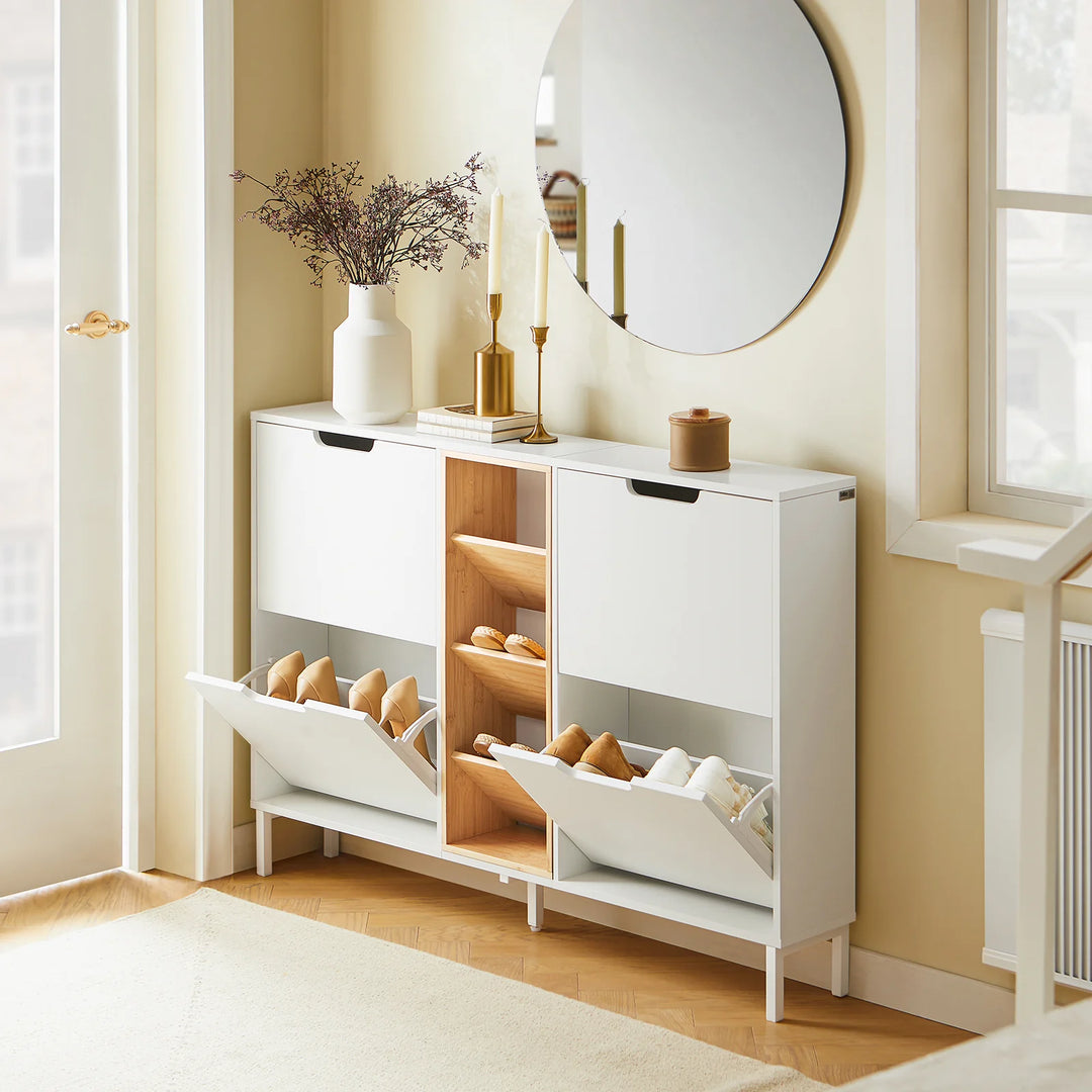 Skoskab med 4 døre og 3 åbne rum, L126 x B19 x H85 cm, hvid