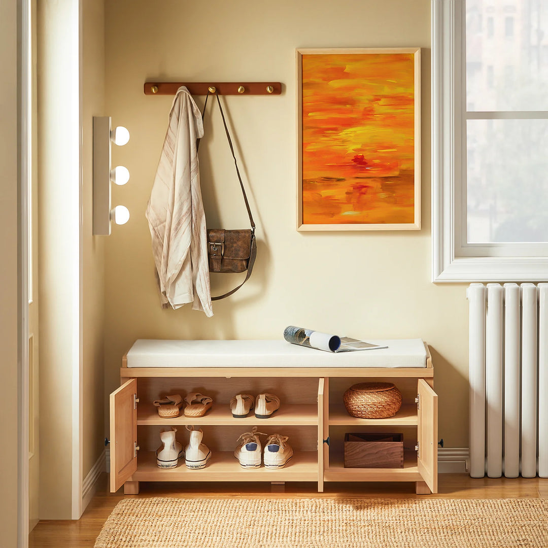 Elegant lys naturfarvet skobænk i japandi-stil, 104x35x47 cm