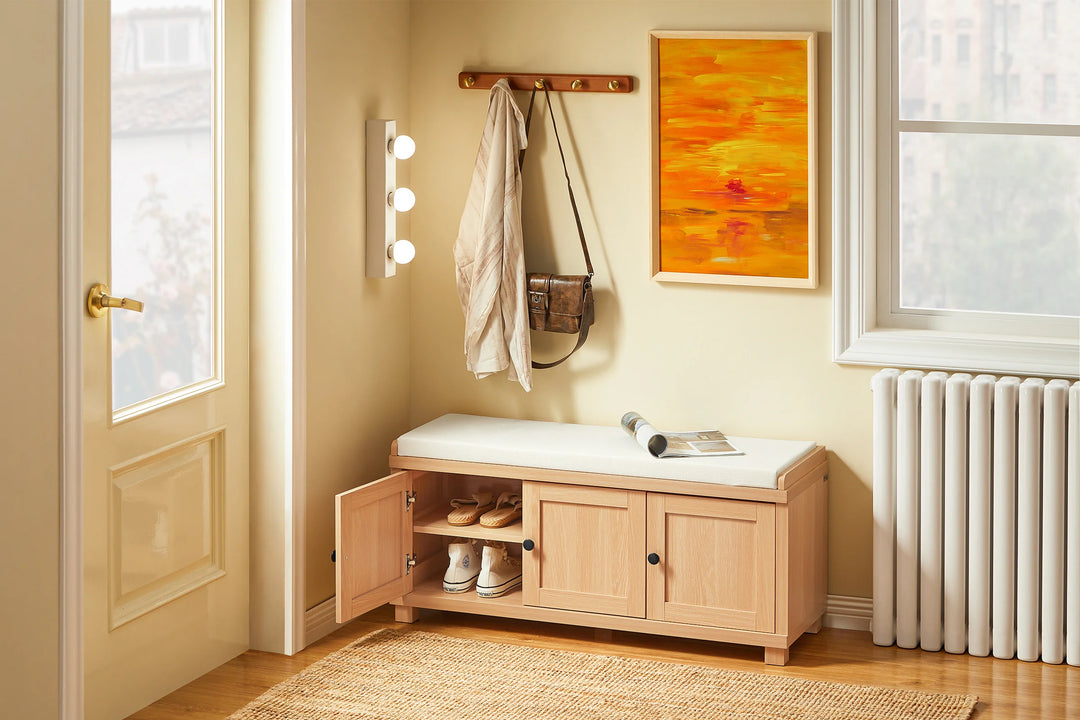 Elegant lys naturfarvet skobænk i japandi-stil, 104x35x47 cm