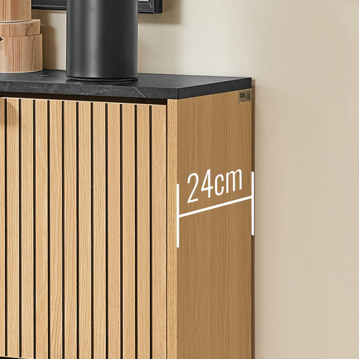 Elegant og pladsbesparende skoskab i sort og lyst MDF-træ