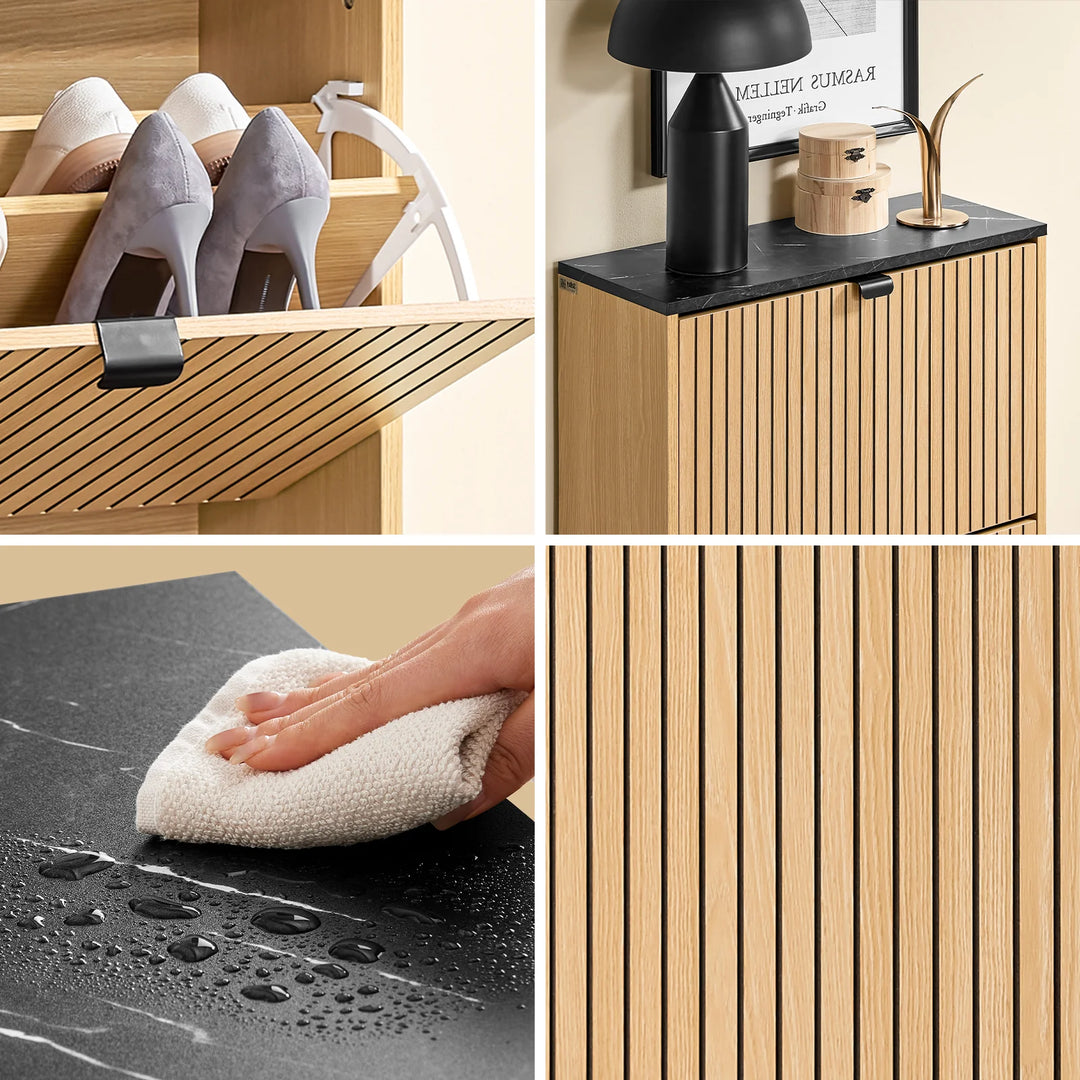 Elegant og pladsbesparende skoskab i sort og lyst MDF-træ