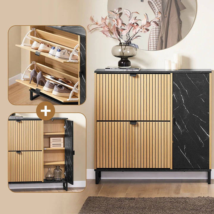 Elegant og pladsbesparende skoskab (90 x 88 x 24 cm) i sort og naturfarve