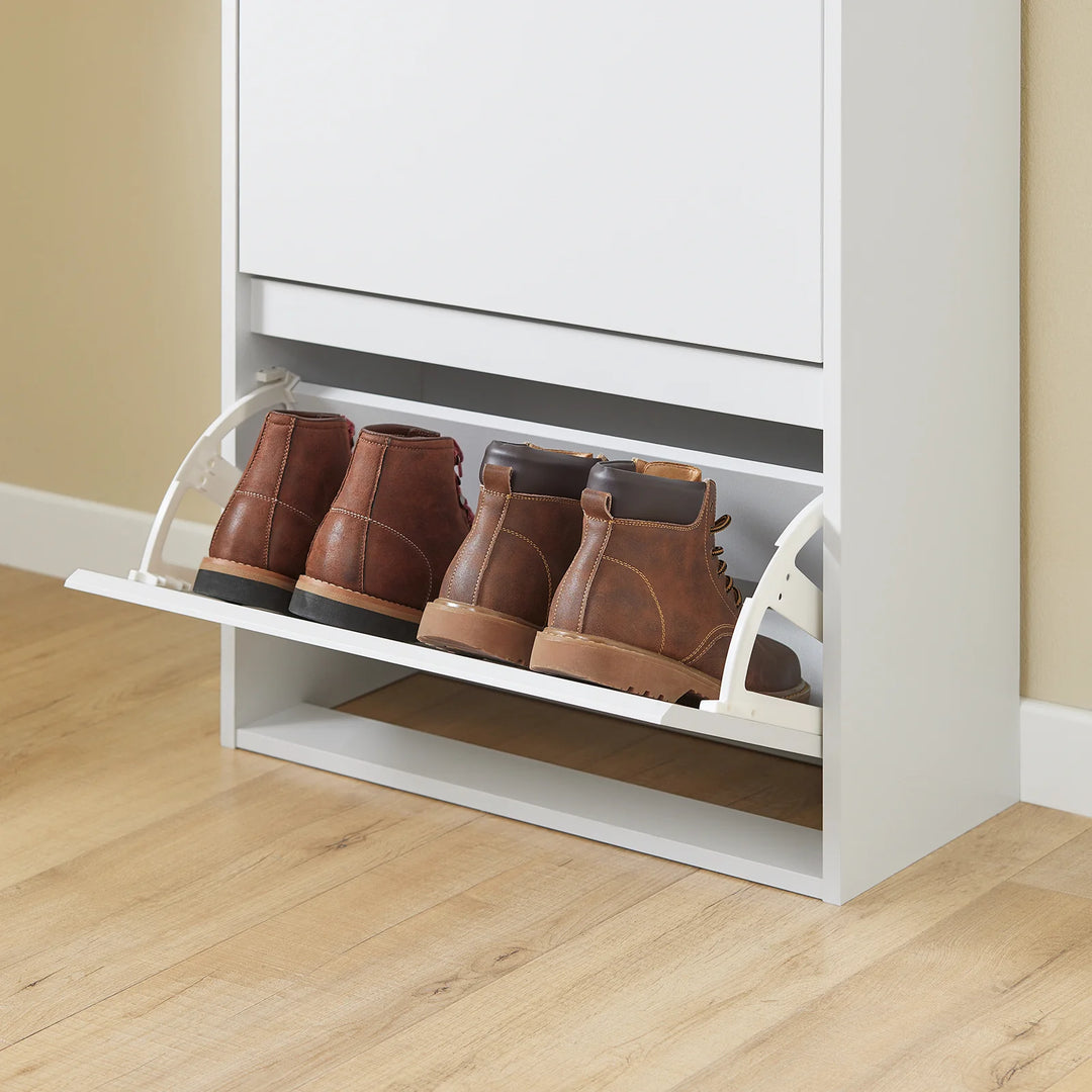 Smalt og højt skoskab i hvid og trælook – moderne, pladsbesparende skoopbevaring med 2 klaplåger og skuffer, perfekt til entré og gang, 61 × 26 × 91 cm