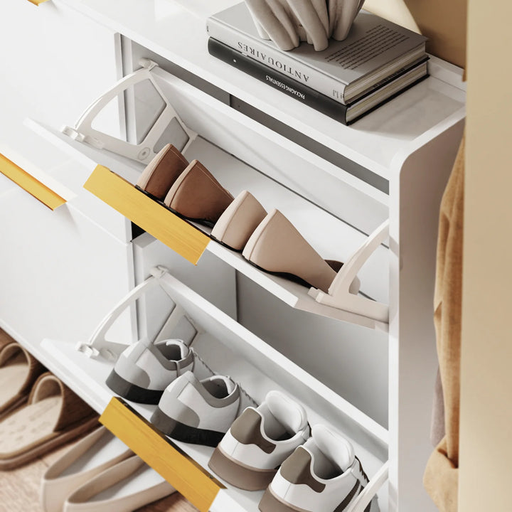 Ultratyndt skoskab i højglans hvid med gulddetaljer – pladsbesparende skab til 16-20 par sko, 100 x 19 x 90 cm