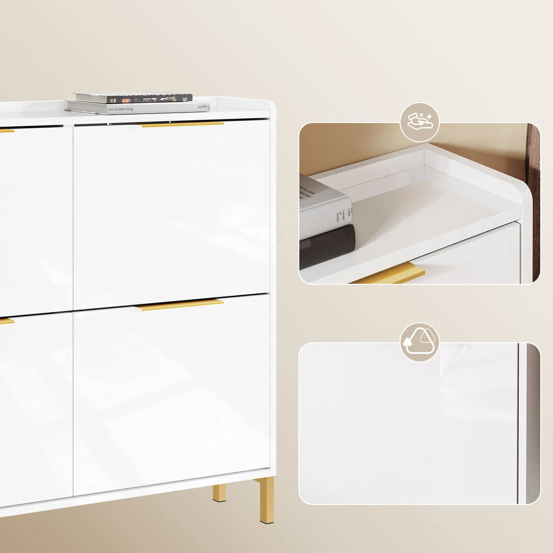 Ultratyndt skoskab i højglans hvid med gulddetaljer – pladsbesparende skab til 16-20 par sko, 100 x 19 x 90 cm