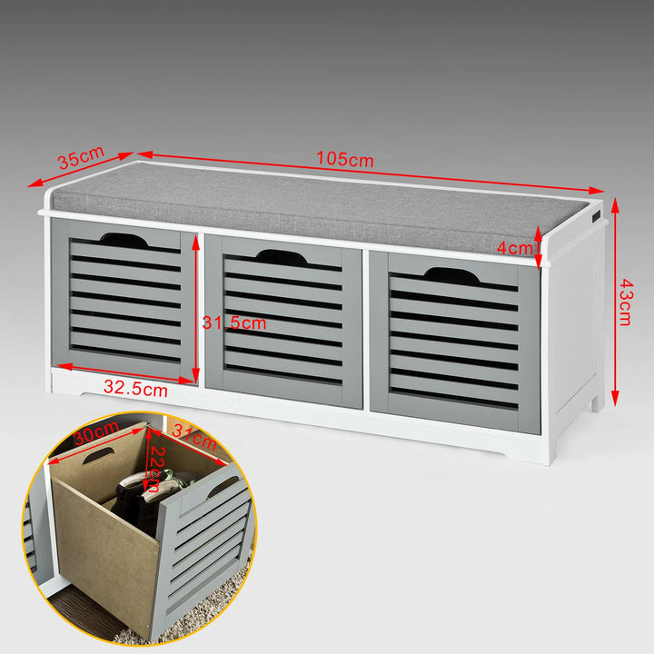 Skobænk / entrébænk med 2 rummelige kasser, L105 x B35 x H43 cm, grå med hvid