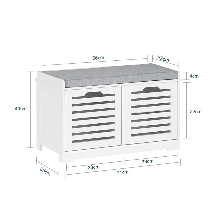 Funktionel og smuk skobænk med grå polstret sæde, L71xB35xH43 cm, hvid
