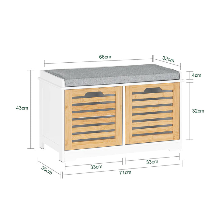 Smuk og funktionel skobænk med polstret sæde i grå, B35xH43xL71 cm, hvid og naturfarvet