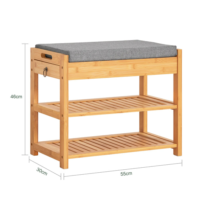 Skobænk med lille skuffe i siden, grå hynde, bambustræ, B55 x D30 x H46 cm, naturfarvet