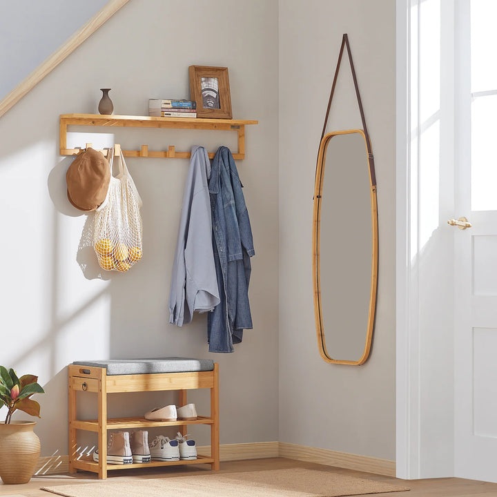 Skobænk med lille skuffe i siden, grå hynde, bambustræ, B55 x D30 x H46 cm, naturfarvet