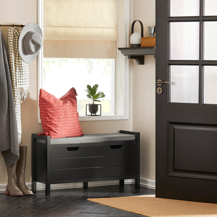 Skobænk med skab, sort med grå hynde