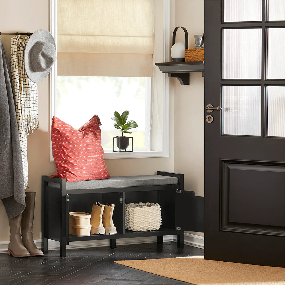 Skobænk med skab, sort med grå hynde