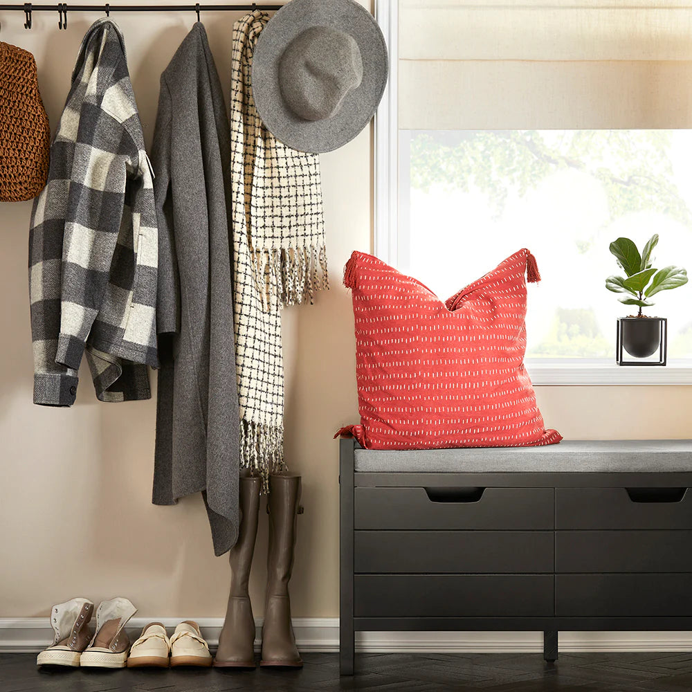 Skobænk med skab, sort med grå hynde