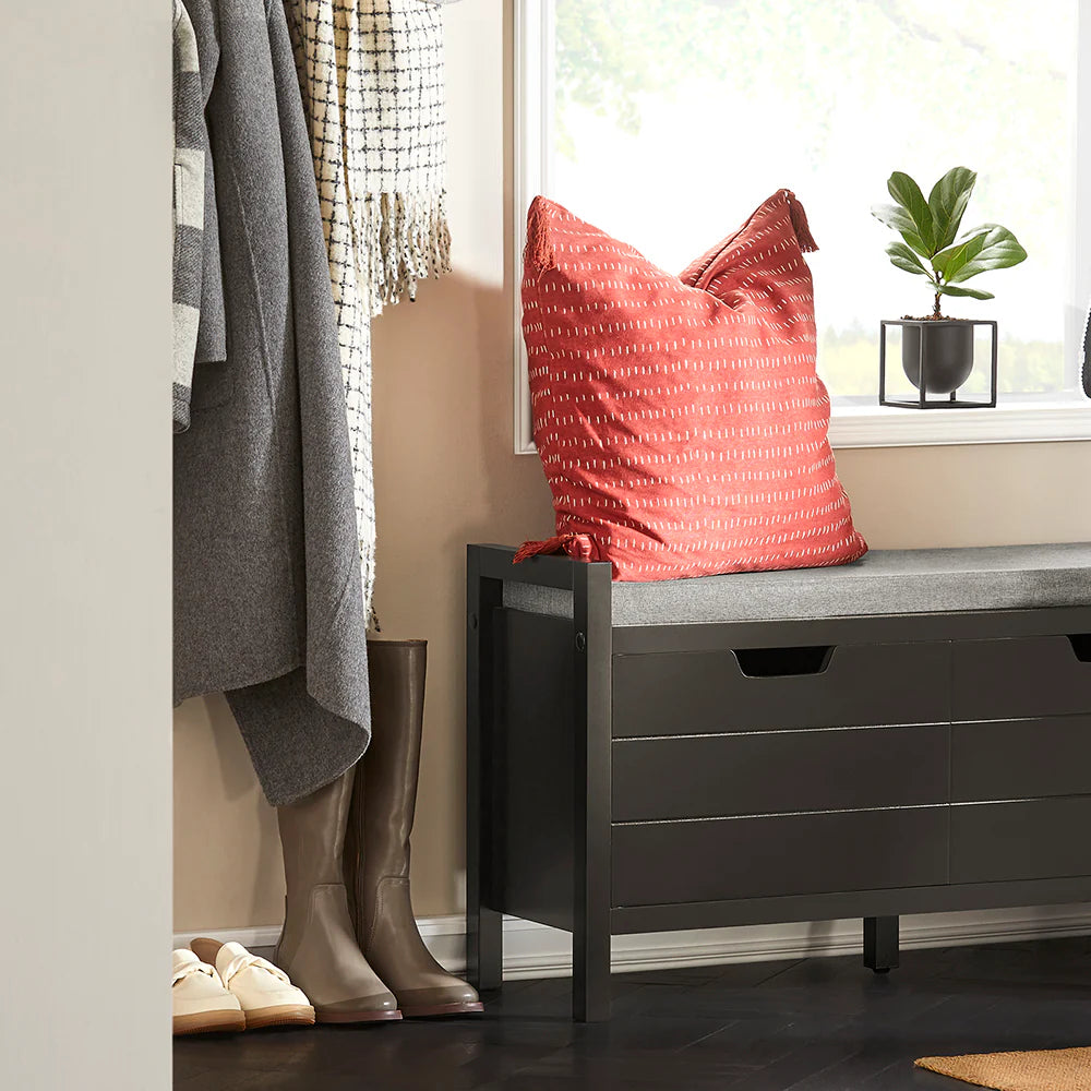 Skobænk med skab, sort med grå hynde