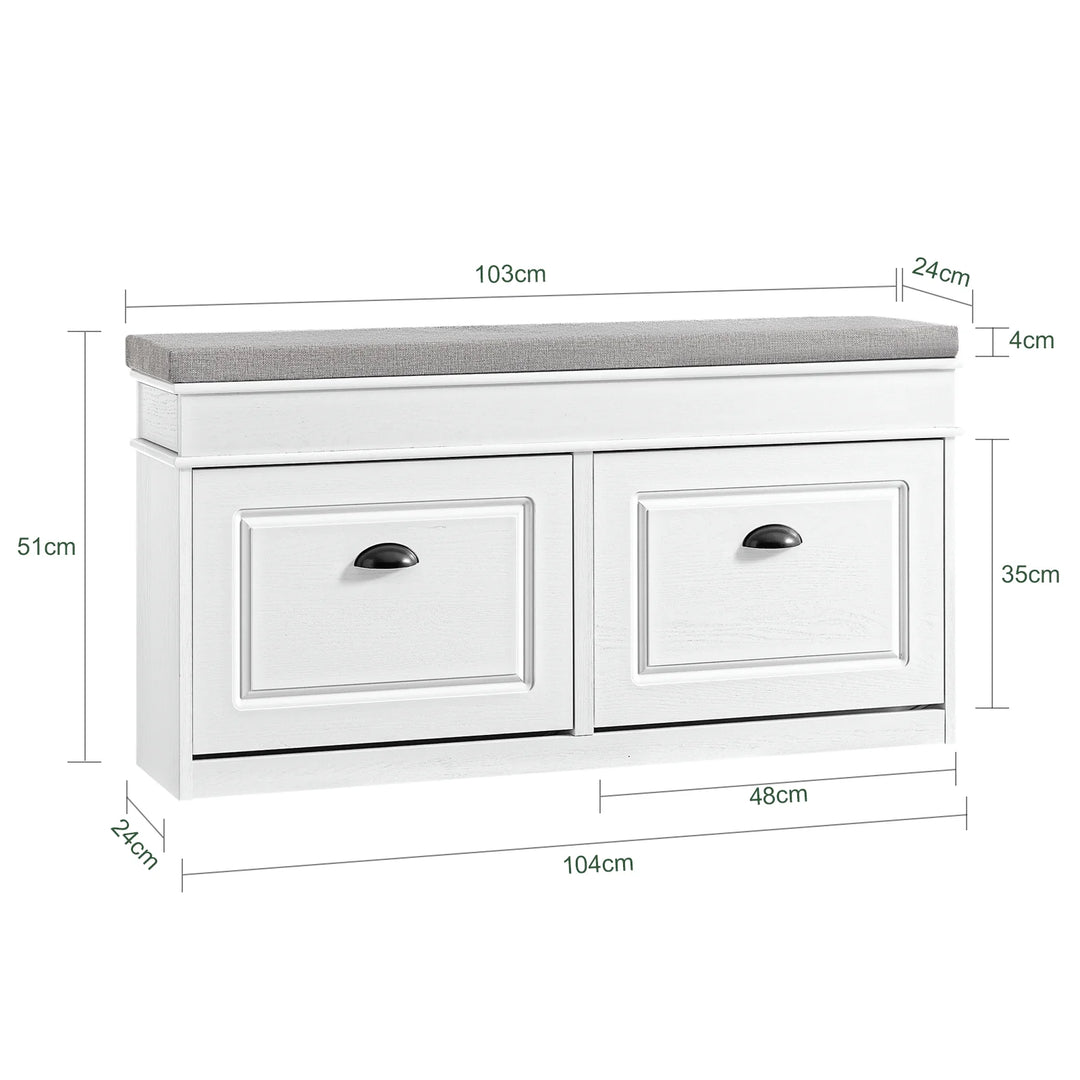 Elegant og pladsbesparende skobænk med sæde i hvid vintage-træ-effekt (104 x 51 x 24 cm)