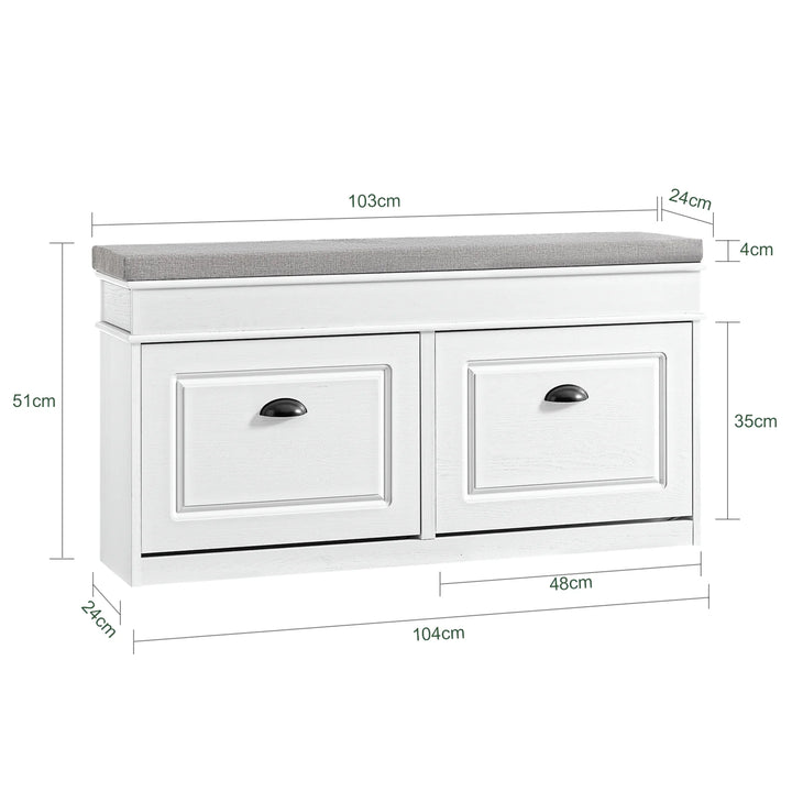 Elegant og pladsbesparende skobænk med sæde i hvid vintage-træ-effekt (104 x 51 x 24 cm)