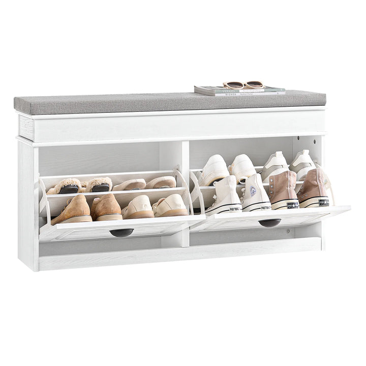 Elegant og pladsbesparende skobænk med sæde i hvid vintage-træ-effekt (104 x 51 x 24 cm)