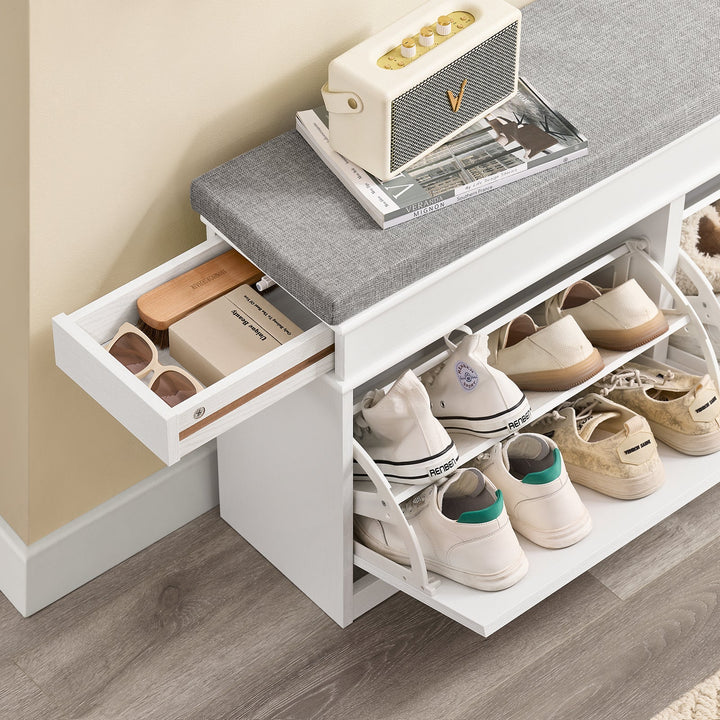 Elegant og pladsbesparende skobænk med sæde i hvid vintage-træ-effekt (104 x 51 x 24 cm)