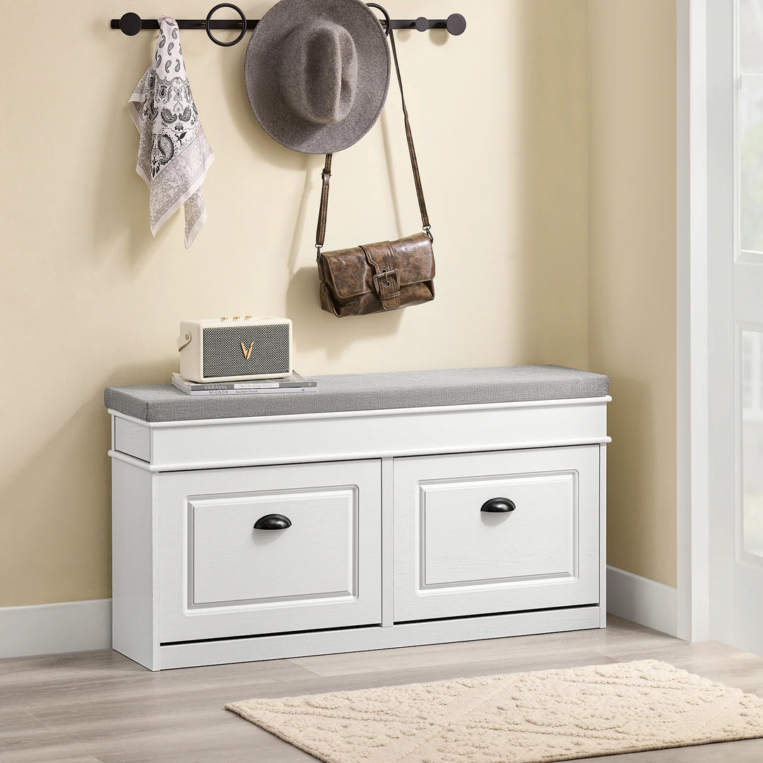 Elegant og pladsbesparende skobænk med sæde i hvid vintage-træ-effekt (104 x 51 x 24 cm)