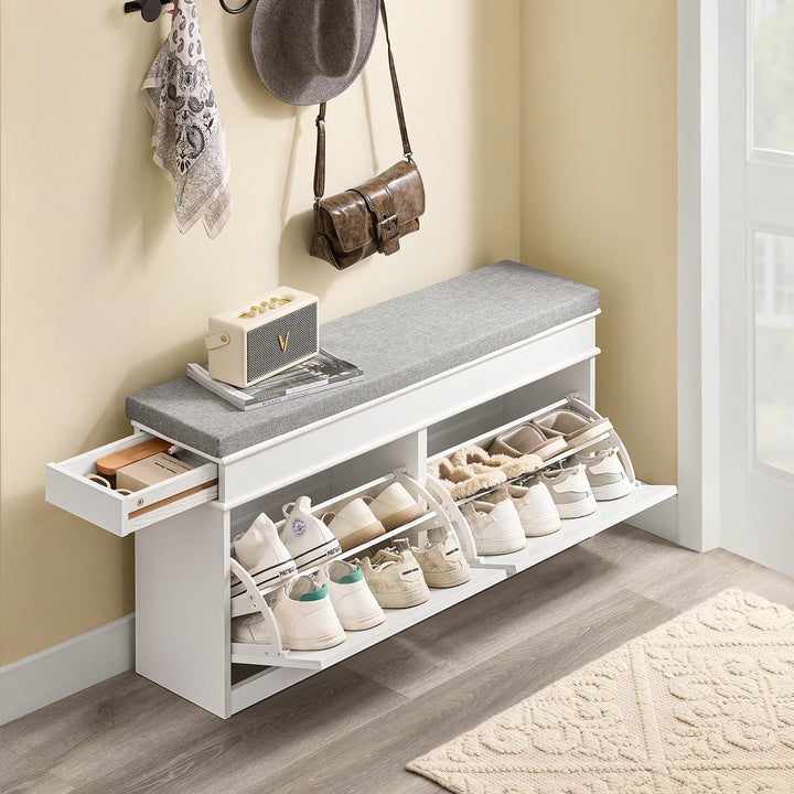 Elegant og pladsbesparende skobænk med sæde i hvid vintage-træ-effekt (104 x 51 x 24 cm)