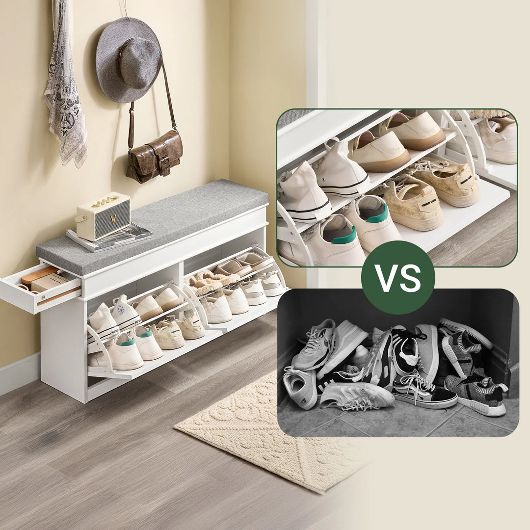 Elegant og pladsbesparende skobænk med sæde i hvid vintage-træ-effekt (104 x 51 x 24 cm)