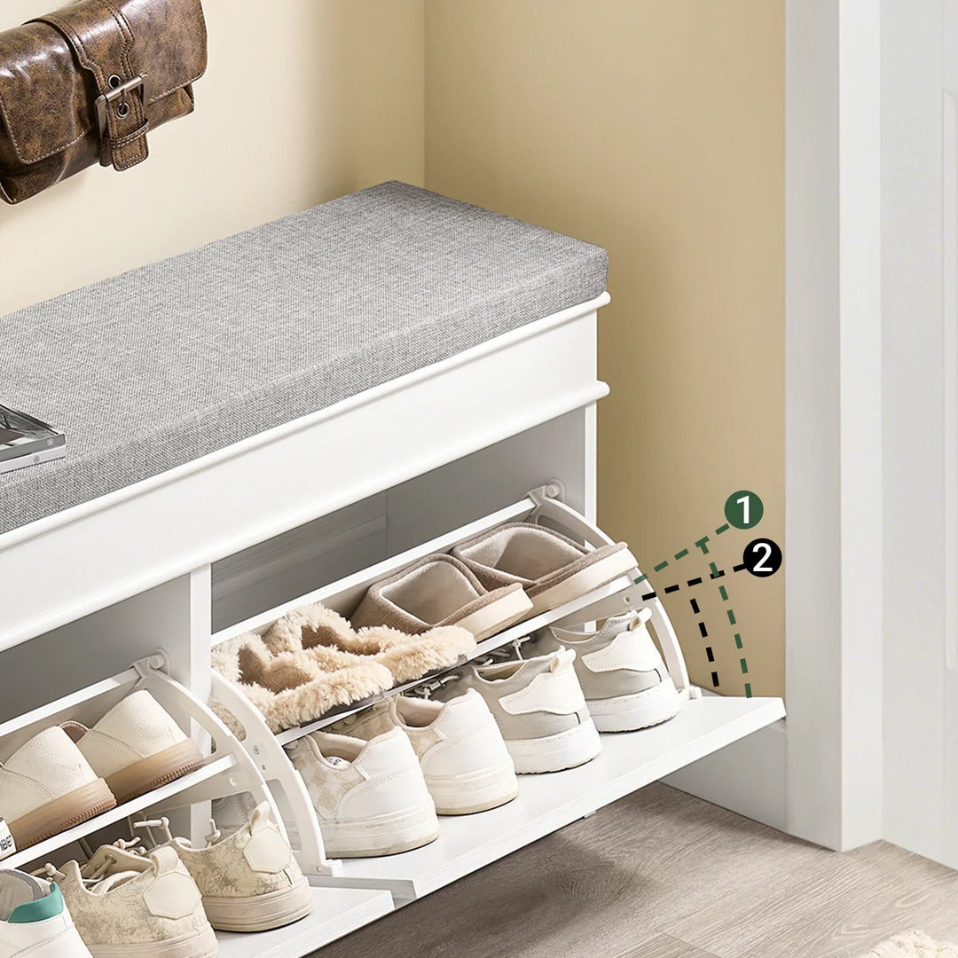 Elegant og pladsbesparende skobænk med sæde i hvid vintage-træ-effekt (104 x 51 x 24 cm)